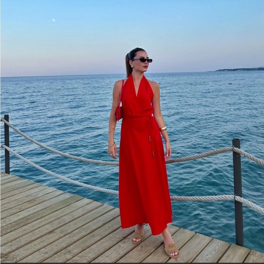 ZARA RED MIDI HALTER DRESS